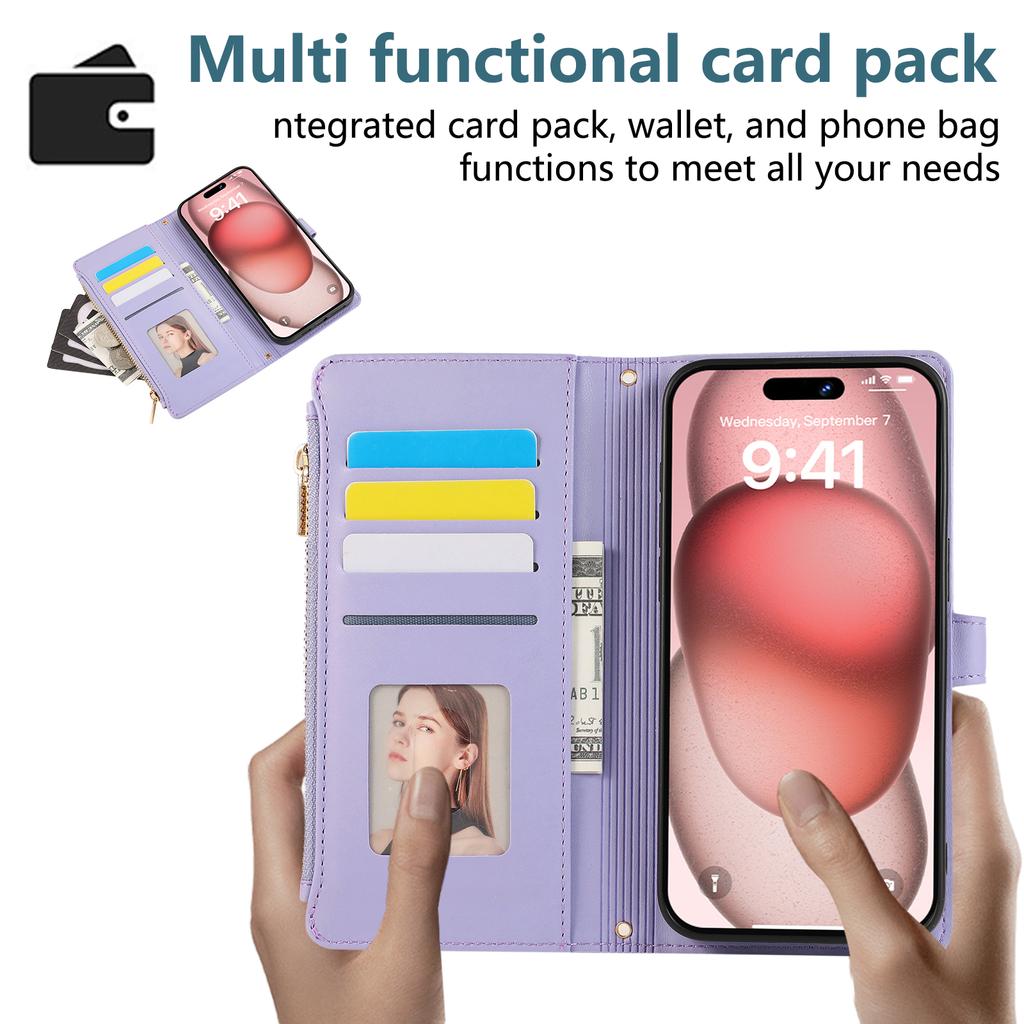 For iPhone 16 Pro Max Case Multi Card Slots Zipper Rhombus Leather Phone Cover with Wrist Strap