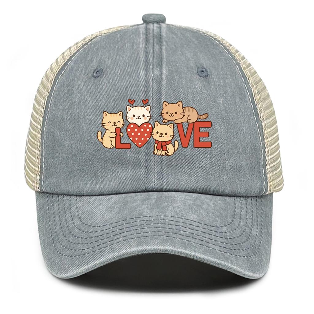 LOVE Heart Cat Printed Sun Hat Adjustable Vintage Simple Snapback Baseball Cap Flat Brim For Women Unisex Outdoor Camping Golf