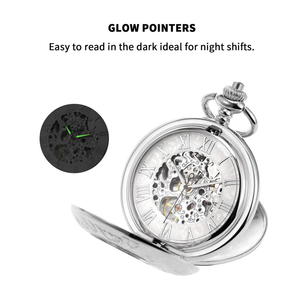 TREEWETO Men's Mechanical Skeleton Pocket Watch Roman Numeral Dial Gift Box Chain