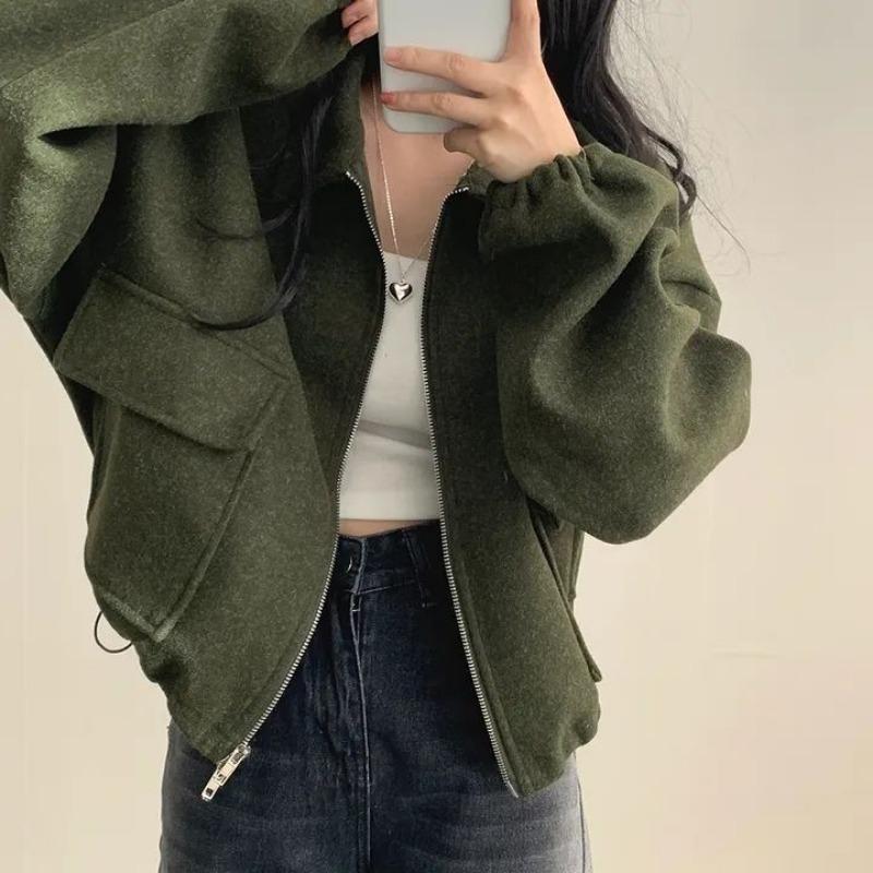 Women S French Style Loose Short Zip Up Turn Down Collar Long Sleeve Coat