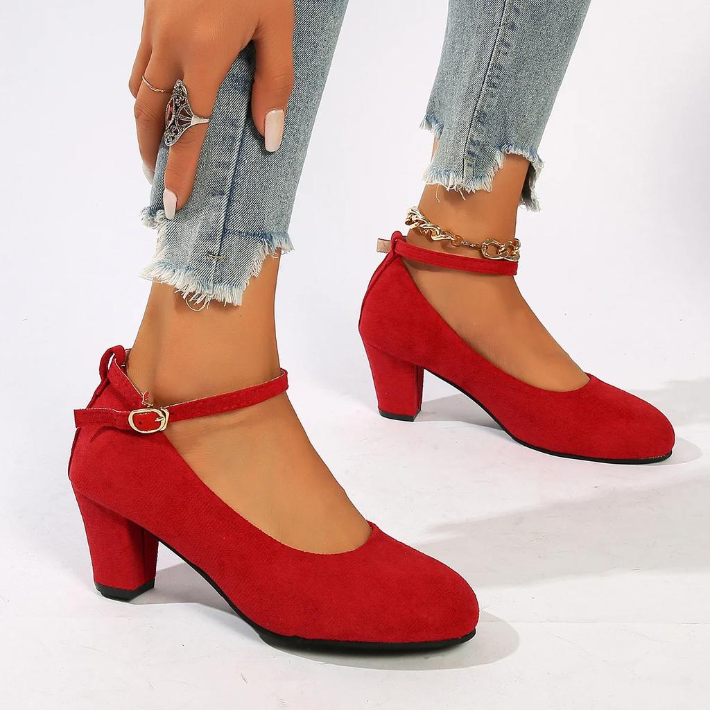 Fashion Women Pumps One-line Buckle Shallow Mouth High Heels 2025 New Thick Heels Women Shoes Large Size Work Shoes Zapatos De Mujer