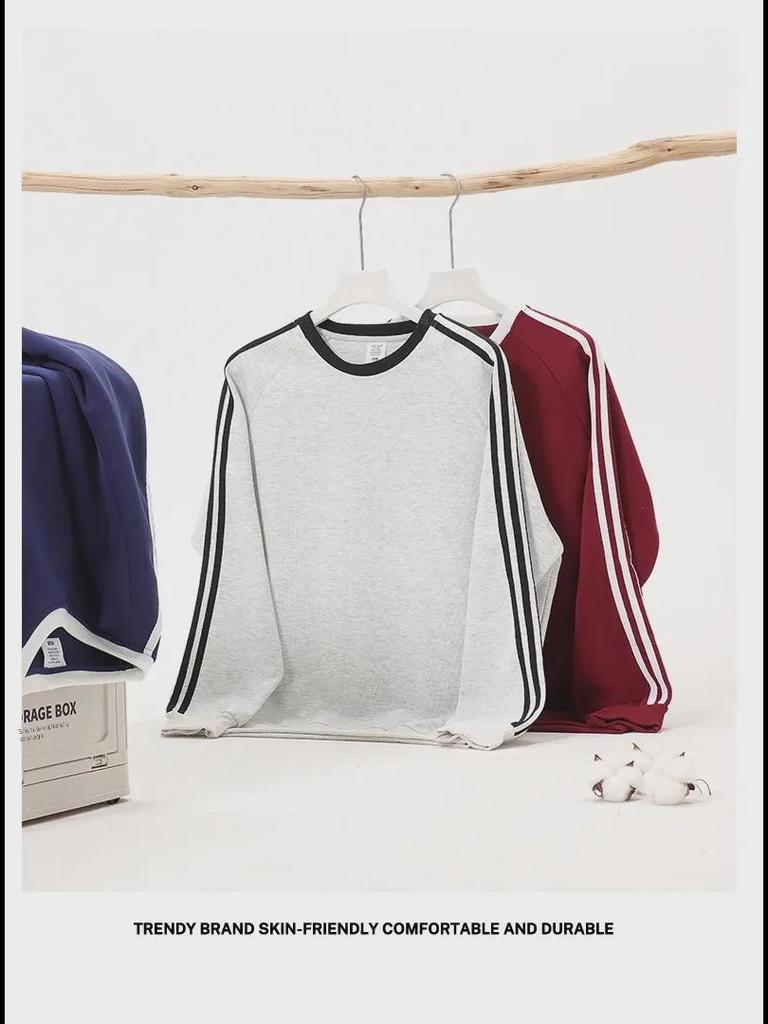 American Retro College Style Striped Pullover: Loose Fit, Round Neck, Long Sleeve Sweatshirt