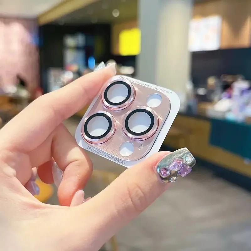 

Закаленное стекло для объектива iPhone 11 12 14 13 14 15 Pro Max Mini, защита объектива камеры iPhone 14 15 Plus, защитная пленка с металлическим кольцом for iphone 15 розовый