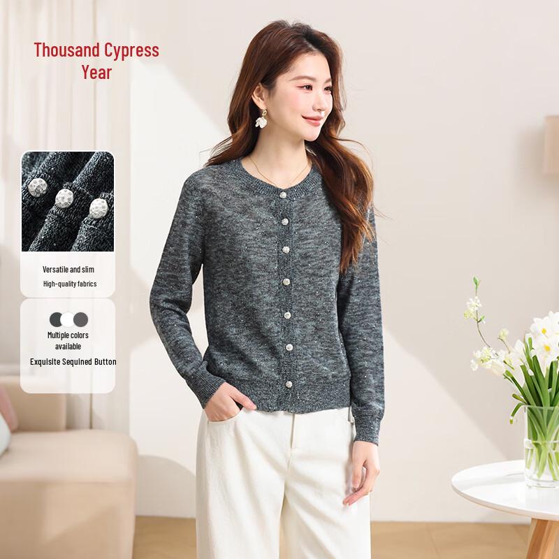 Qianbainian Women s Mixed Color Sequin Knit Cardigan M