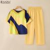 ZANZEA Women Short Sleeve Print Blouse and Pants Summer Two Piece Suit Sets