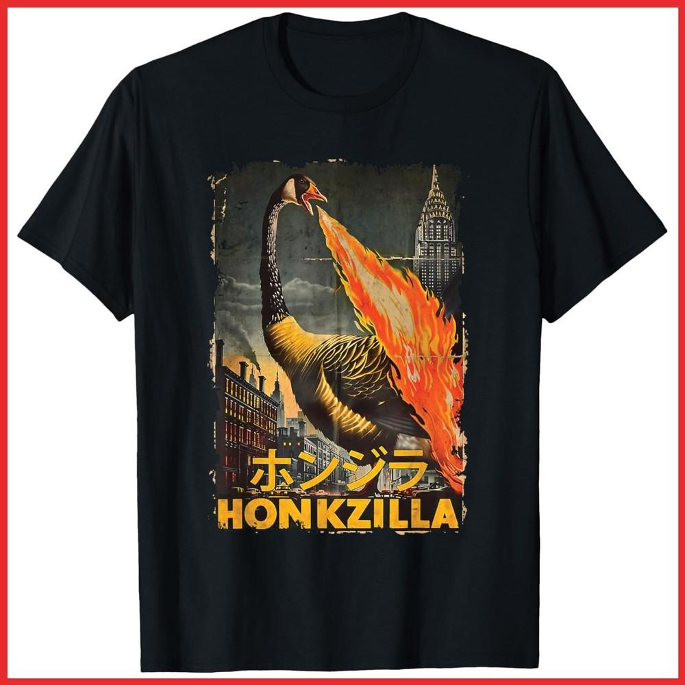 Vintage Honkzilla Silly Goose Funny Goose Meme Black Cotton T-Shirt Unisex T-Shirt M