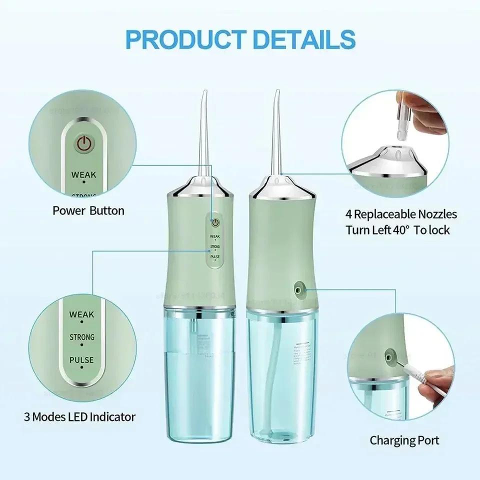 Portable Water Floss Rechargeable Oral Irrigator 220ML Electric Tooth Cleaning Device 3 Modes 4 Nozzles Waterproof Lrrigator