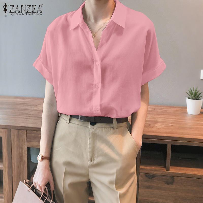 ZANZEA Women Summer Turn Down Collar Casual Short Sleeve Blouse