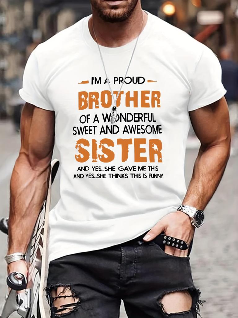 Men's "BROTHER SISTER" T-shirt, Round Neck Tee Casual Clothing, Spring And Summer