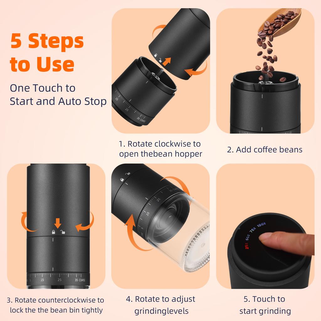 Portable Coffee Bean Grinder with 38 Grinding Setting Digital Power Display 5 Blades Ceramic Conical Burr One Button