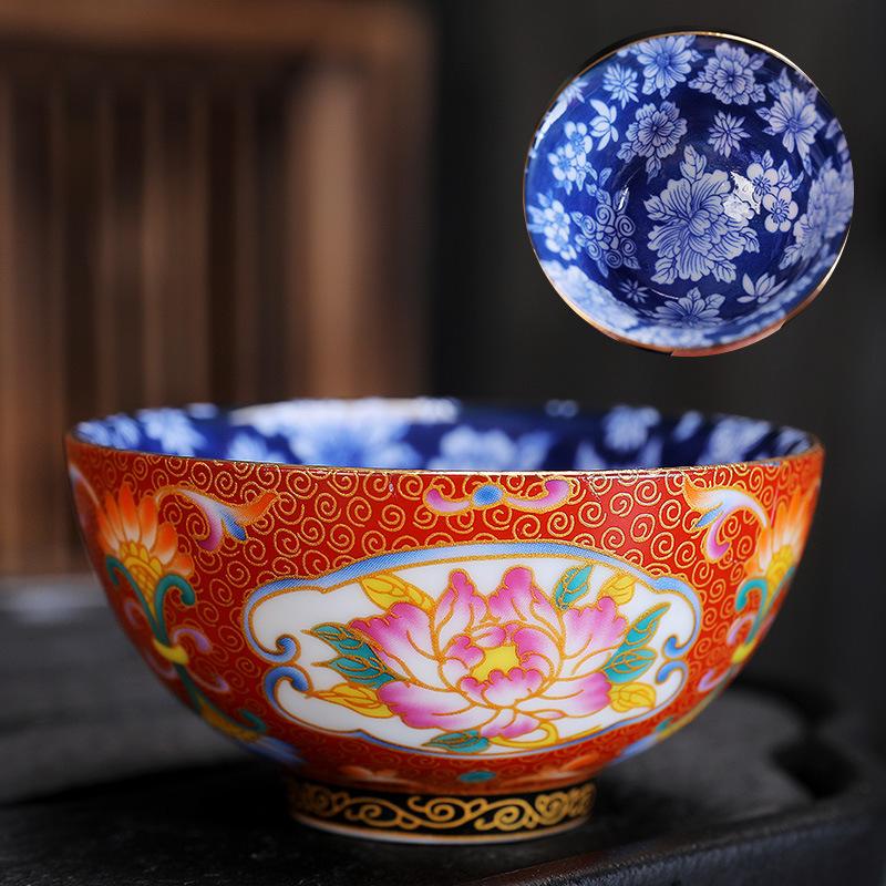 Ceramic Enamel Color Tasting Single Blue and White Douli Japanese Style Filigree Tea Bowl Kung Fu Master Cup Gift Bo