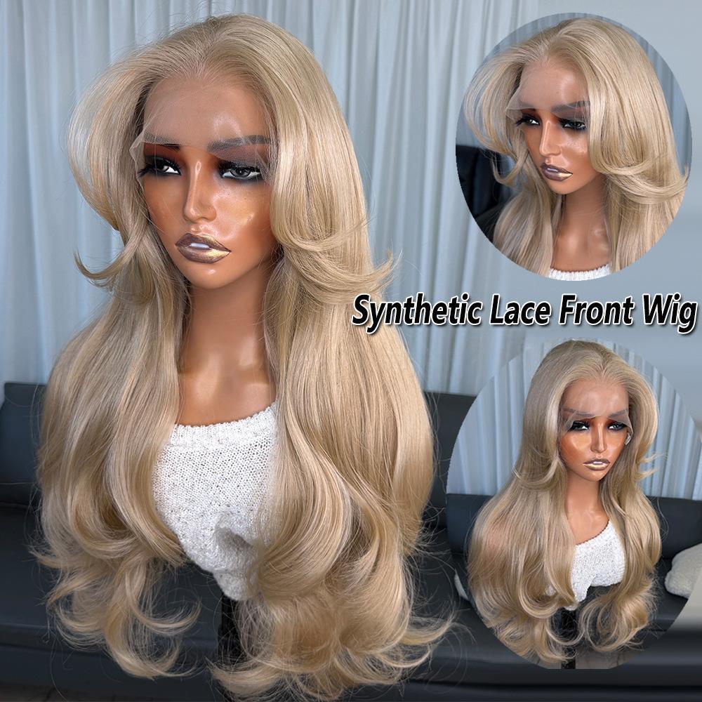 Parrucche Lunghe Honey Blonde 13x4 Lace Front Fibra ad Alta Temperatura Base Senza Colla Onde del Corpo Densità 150% Resistenti al Calore
