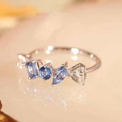 Light Luxury Gradient  Sea Blue Crystal Irregular Rings for Women New In Ideas High Quality Simple Wind Droplet  Jewelry