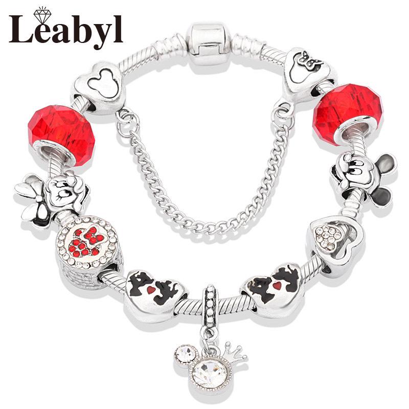 Mickey Minnie Heart-Shaped Drip Oil Bracelet with Red Crystal Charm