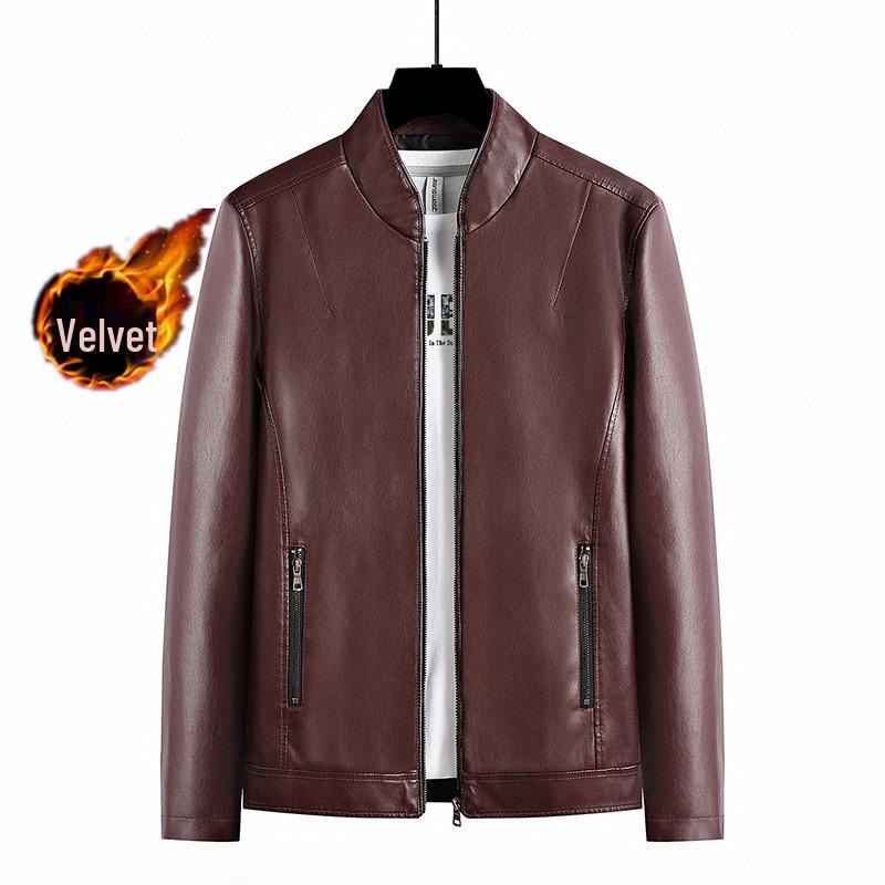 Męska modna kurtka skórzana ze stójką na wiosnę i jesień 2023 z aksamitem dla młodzieży