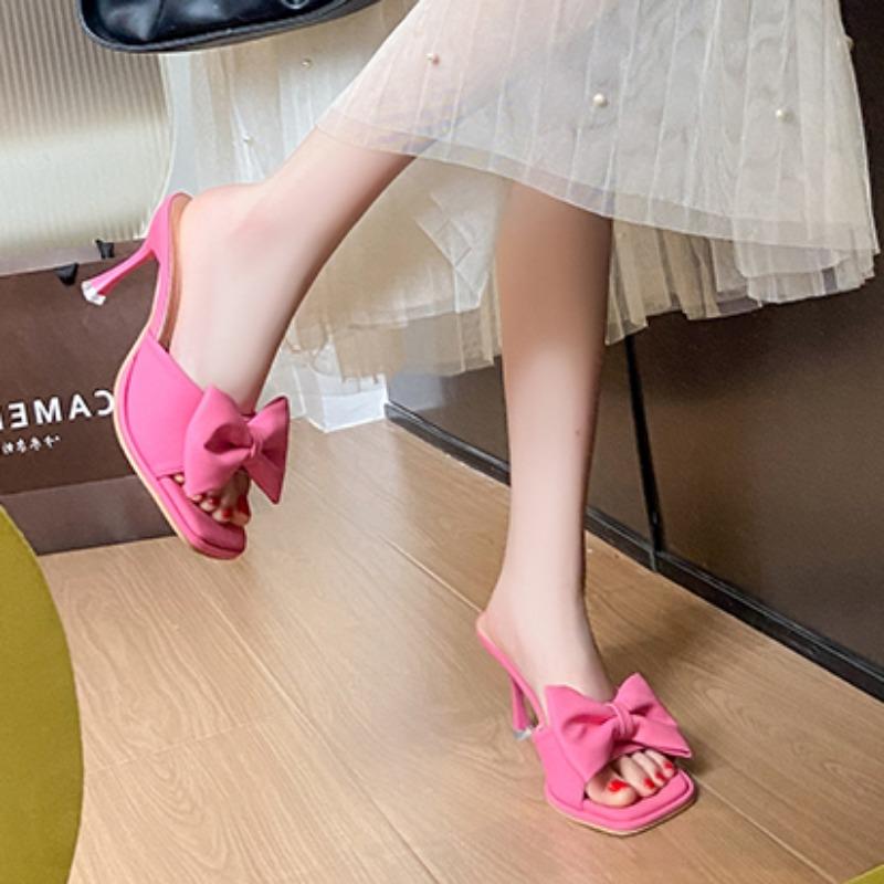 Womens Sandals High Heels Fashion Bow Designer Elegant Solid Color High Heels PU Leather Open Toe Shallow Mouth Women's Slippers