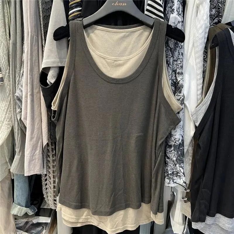 

Жилет большого размера, женская майка без рукавов, винтажный свободный поддельный двухсекционный жилет, повседневный жилет с V-образным вырезом XXXL