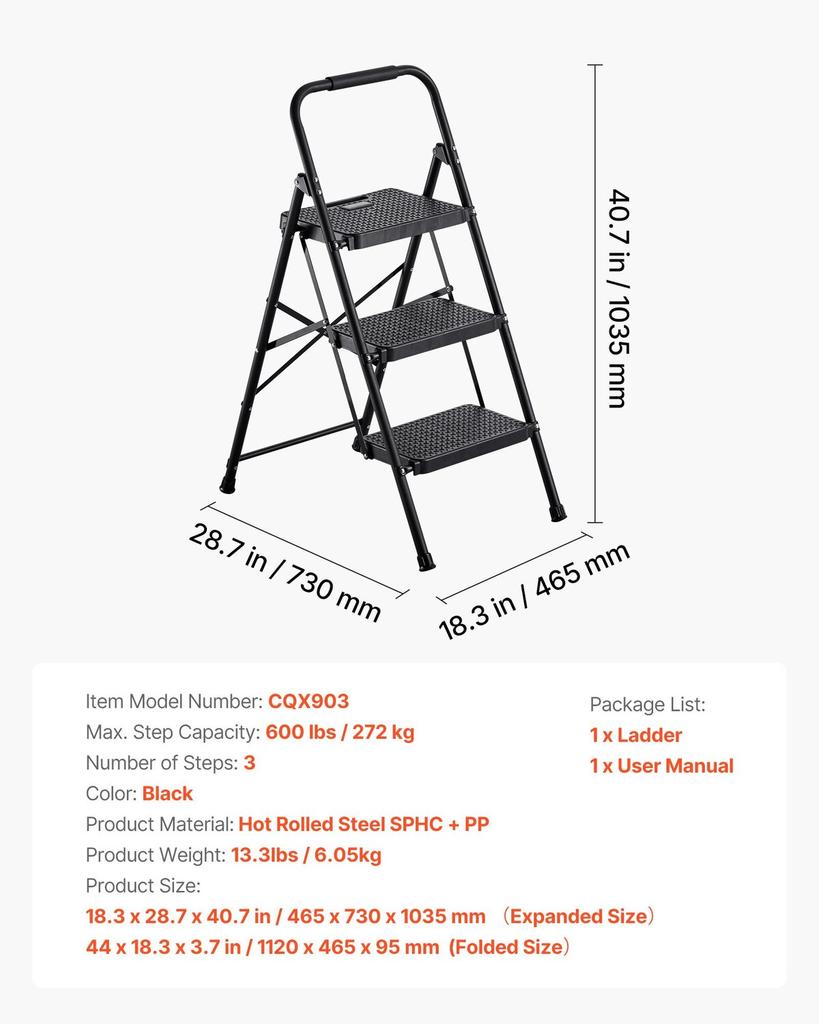 3 Step Ladder, Folding Step Stool with Wide Anti-Slip Pedal and Comfort Handgrip, Lightweight 272 kg Capacity Portable Steel Ladder, Multi-Use for