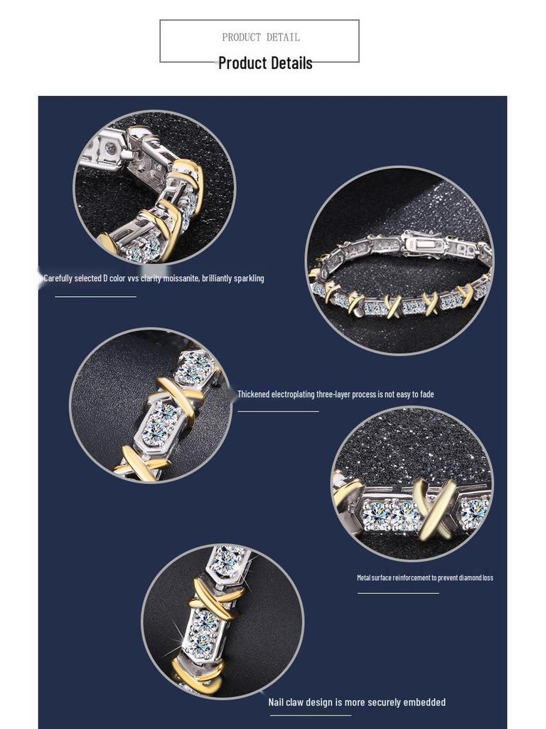 S925 Sterling Silver Two-Tone Gold XO Diamond Bracelet - Retro and Versatile Style
