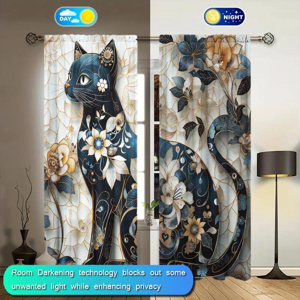 2pcs Elegant Printed Cat Printed Curtains   Shade and Privacy Protection   Suitable for Decorating Various Rooms