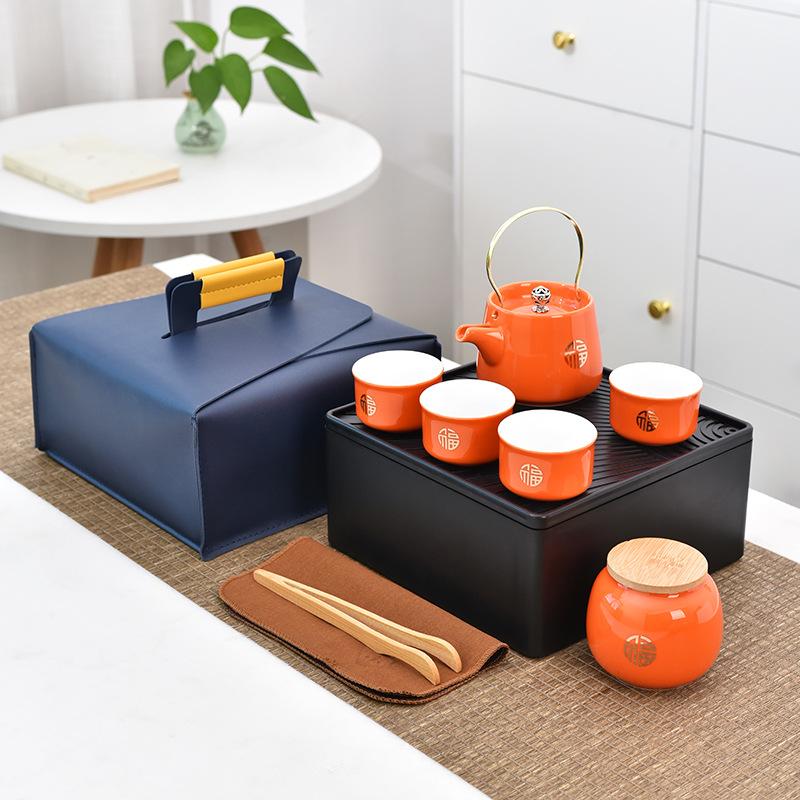 Creative ceramic travel tea set cover, cover bowl, cool pot, one pot, four cups, tea tray storage bag, business gift.