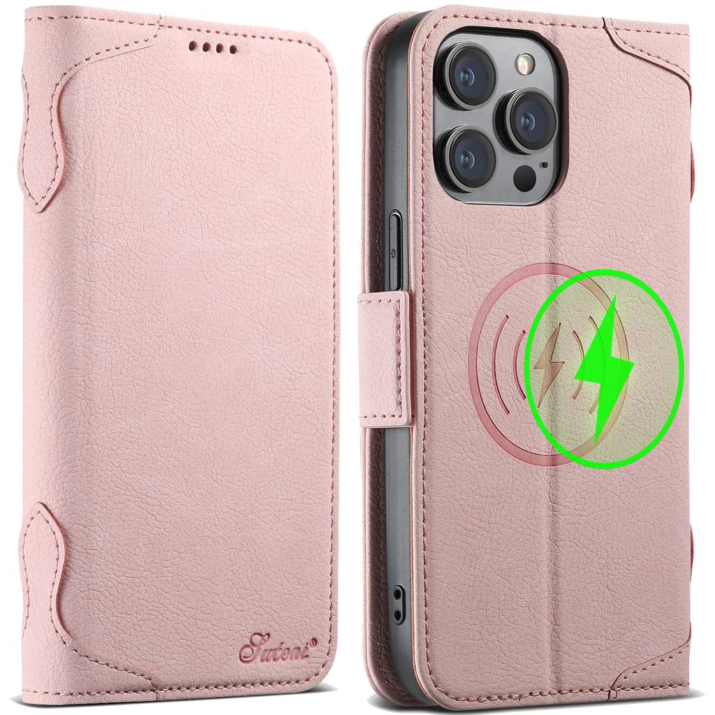 Magnetische Leder Kartensteckplatz Geldbörse Kabelloses Ladecase Für iPhone 16 15 Pro Max 14 Plus 13 12 Flip Book Für Magsafe Hülle