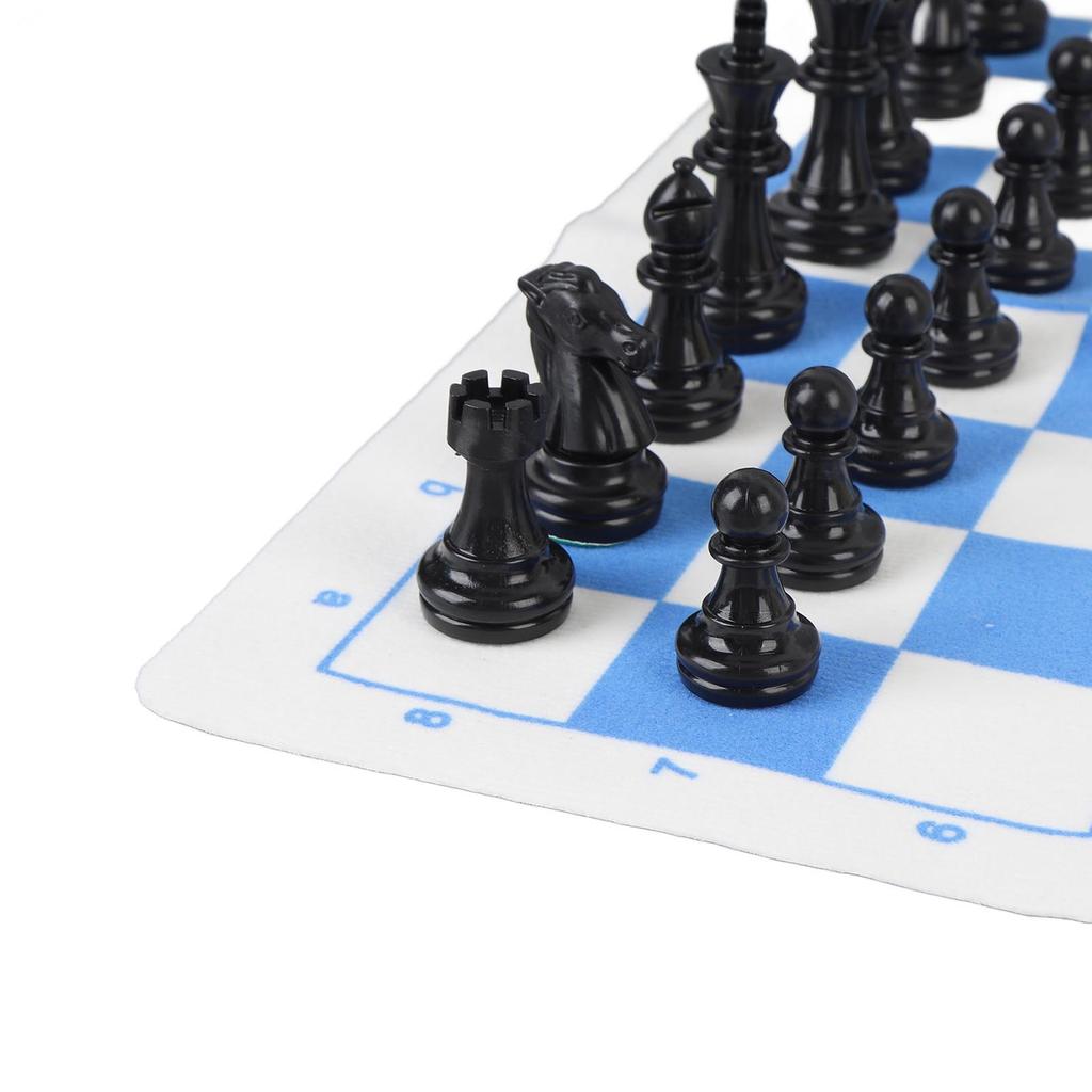 Chess Set Plastic Chess Pieces PU Blue White Chess Board Black Drawstring Pocket Chess Game Set for Travel Party