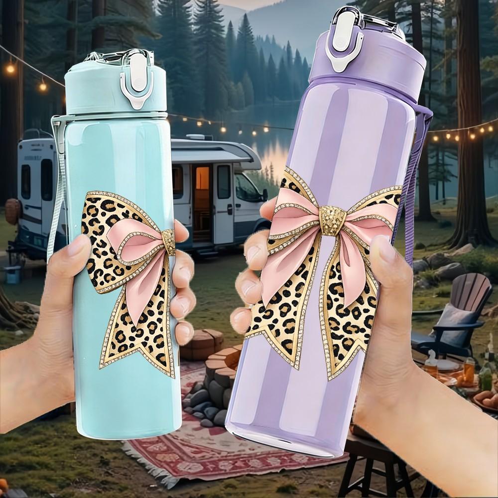 1PC Leopard Print Pattern Bow Print 750ml Color Plastic Sports Water Bottle Leakproof Flip Straw Lid Suitable for Sports Office Home Use