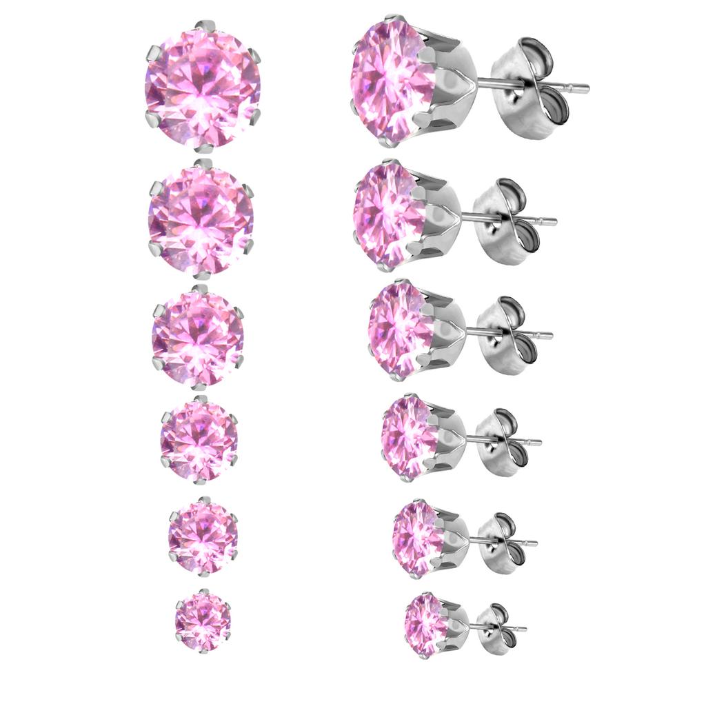 6Pairs/Set CZ Stud Earrings Stainless Steel Round White Cubic Zirconia Hypoallergenic 6 Claws Earring Trendy Jewelry