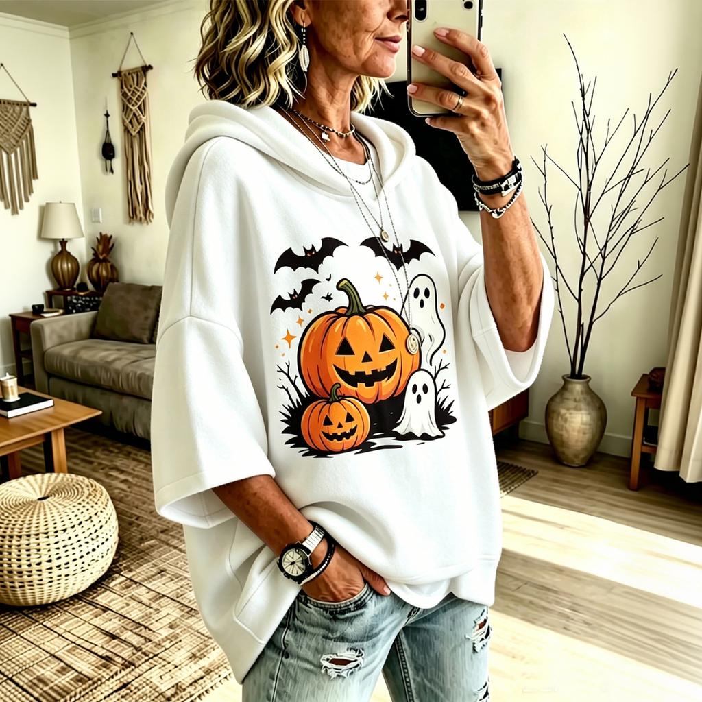 Women's Halloween Digital Print Hoodie Loose Fit Three-Quarter Sleeve Drop Shoulder Sweatshirt
