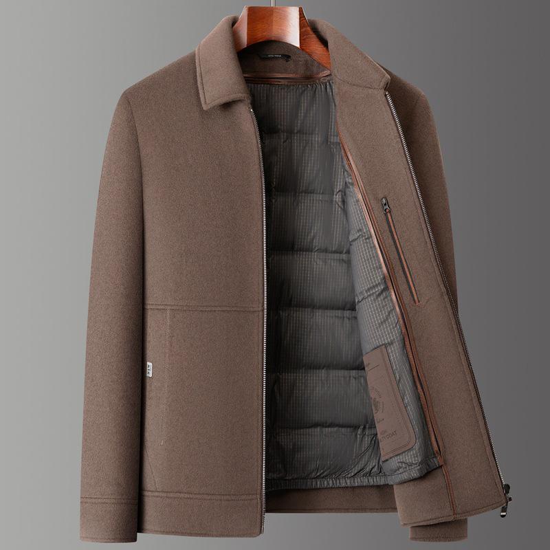 Men's Double-Sided Cashmere Lapel Jacket: Winter Business Wool Outerwear with Down Liner, Thick and Stylish for Middle-Aged Men.