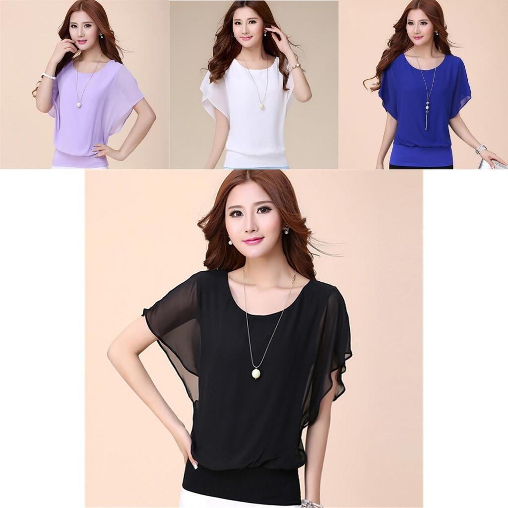 Luxurious Plus Size Chiffon Blouse With Elegant Ruffle Batwing Short Sleeves
