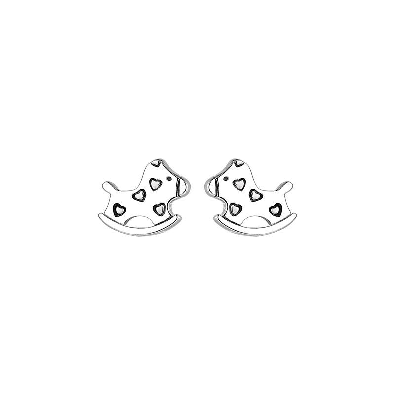 Sterling Silver Korean Style Heart Rocking Horse Stud Earrings - Playful Gift for Women & Students
