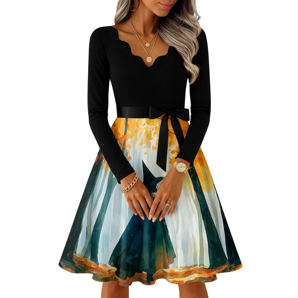 Women's Retro Halloween Print V-Neck Long Sleeve Dress for Casual Everyday Wear