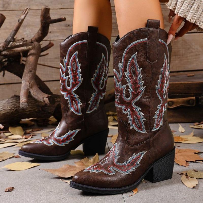 Women's Wide Width Embroidered Cowboy Boots, Western Style Mid-Calf Riding Boots, Vintage Chelsea Martin Boots for Women