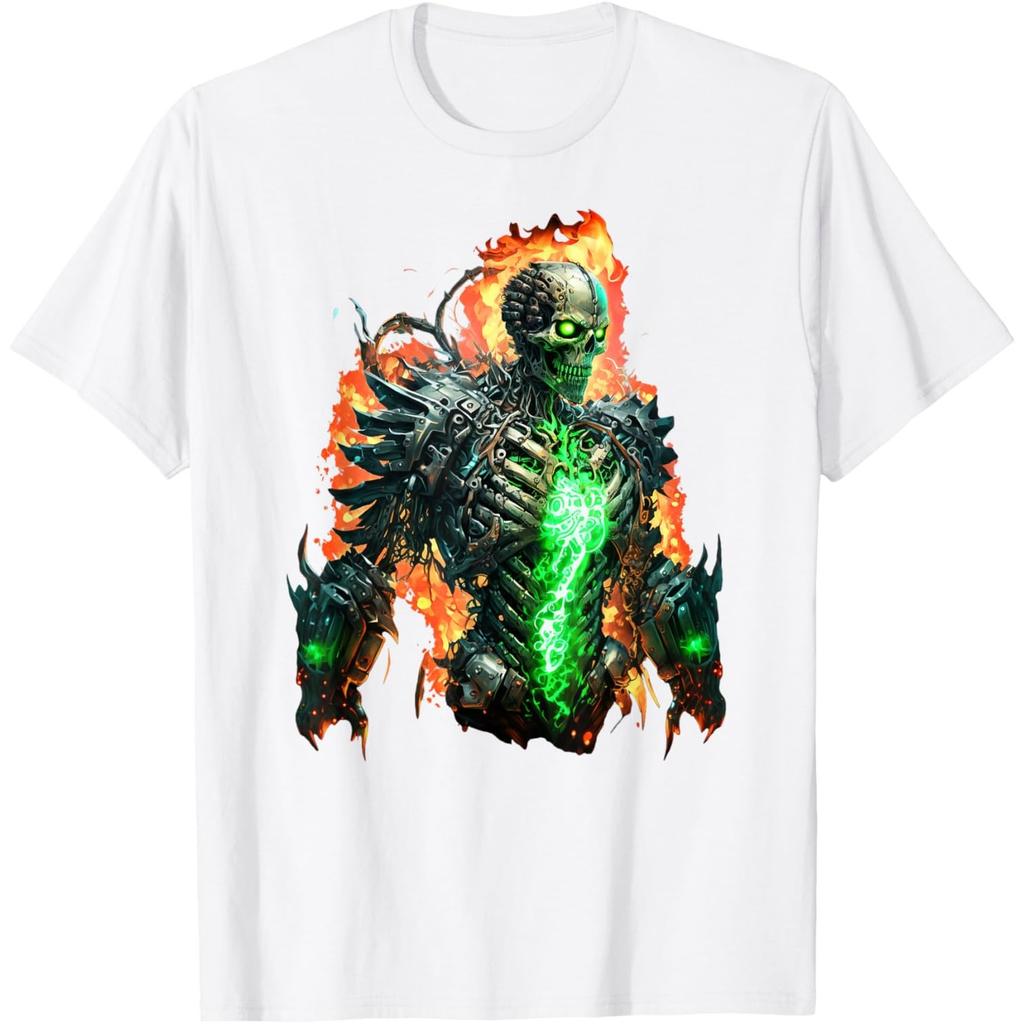 Flaming Skeleton Cyborg Graphic Tee Men's Cool Breathable Crewneck T-Shirt Casual Streetwear