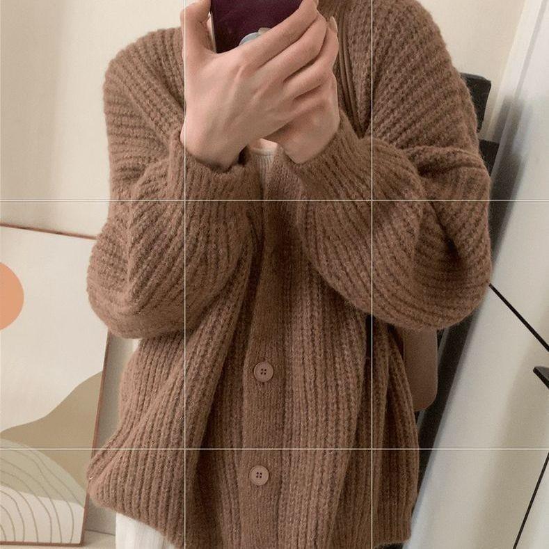 Korean autumn and winter new knitted solid-color sweater women's cardigan casual lazy wind loose soft single-breasted jacket