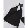Classic Black Drawstring Halter Neck Tankini Sets, Ruched Criss Cross Centre Core Top Boxer Short Swimsuit, Women's Swimwear & Clothing