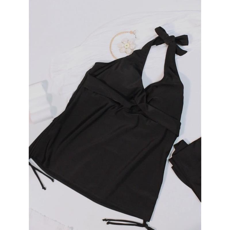 Classic Black Drawstring Halter Neck Tankini Sets, Ruched Criss Cross Centre Core Top Boxer Short Swimsuit, Women's Swimwear & Clothing
