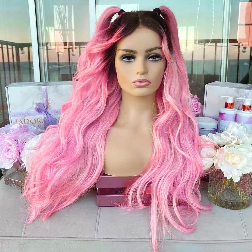

AIMEYA 13x4 Ombre Pink Lace Wig Natural Wave Wig Black Roots Synthetic Lace Front Wig Heat Resistant Hair Daily Use Cosplay Wig (as the picture,18inches&Lace Front)