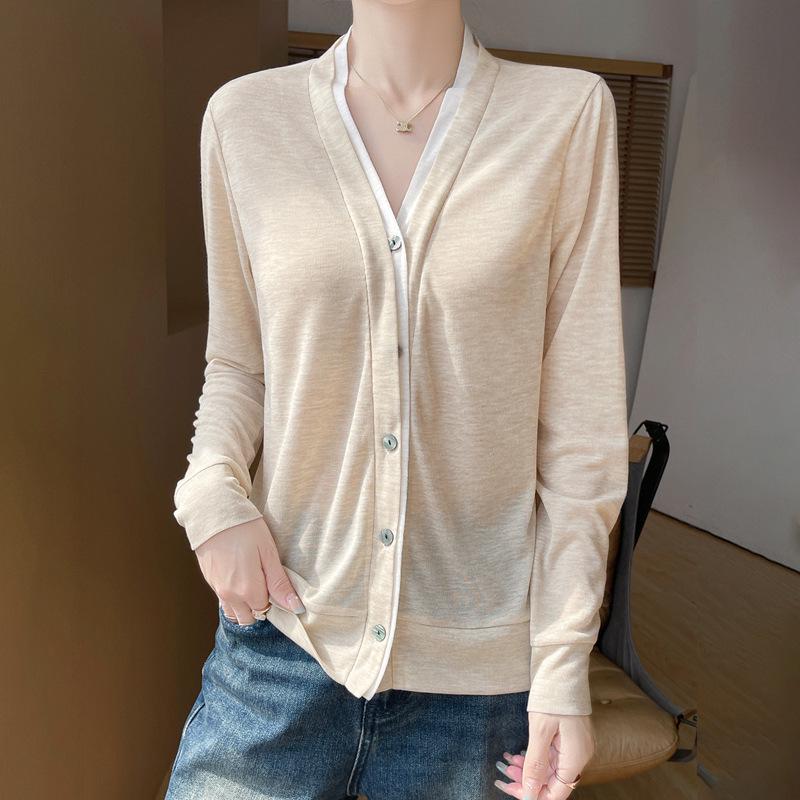 2025 Spring/Summer Colorblock V-Neck Fine-Knit Cardigan – Long Sleeve, Loose Fit, Versatile Two-Piece Top