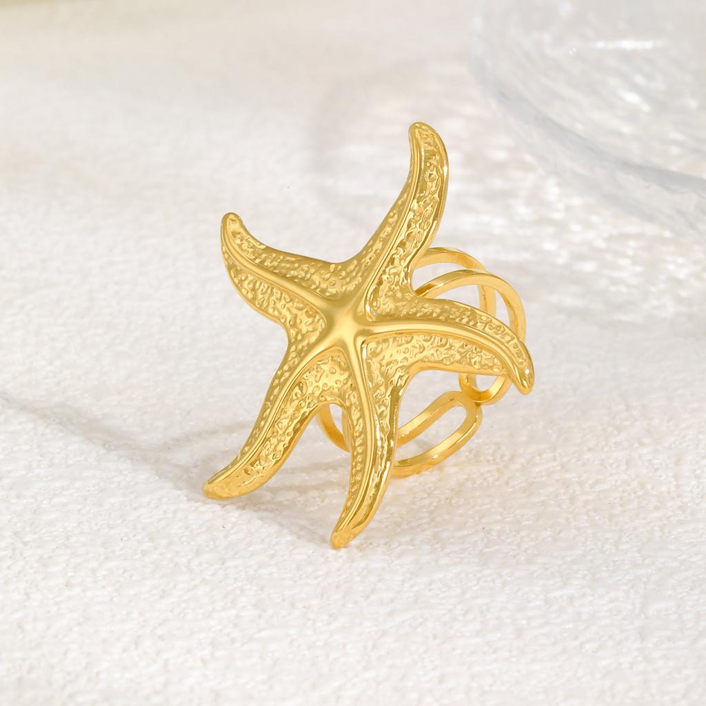 Starfish Open Rings for Women, Stainless Steel Adjustable Ring Beach Sea Ocean Fashion Jewerly Gift