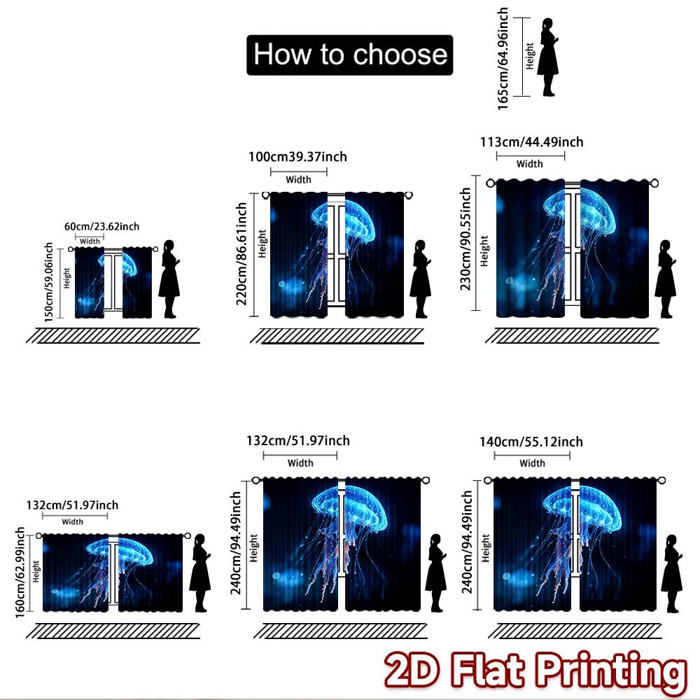2D Flat Printing 2pcs Party Window Curtains Blue Glowing Jellyfish Ocean Digital Printed Polyester Drapes Festive Curtains Use