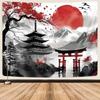 Japanese Ukiyo-e Landscape Tapestry Red Sun Bird Wall Hanging for Bedroom Living Room Zen Home Decor