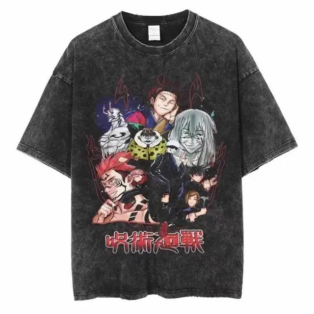 Anime K Print Heavy Weight Faded Loose Susent Shirt Jujut Washed Cotton Retro T-Shirt Ai Unisex S
