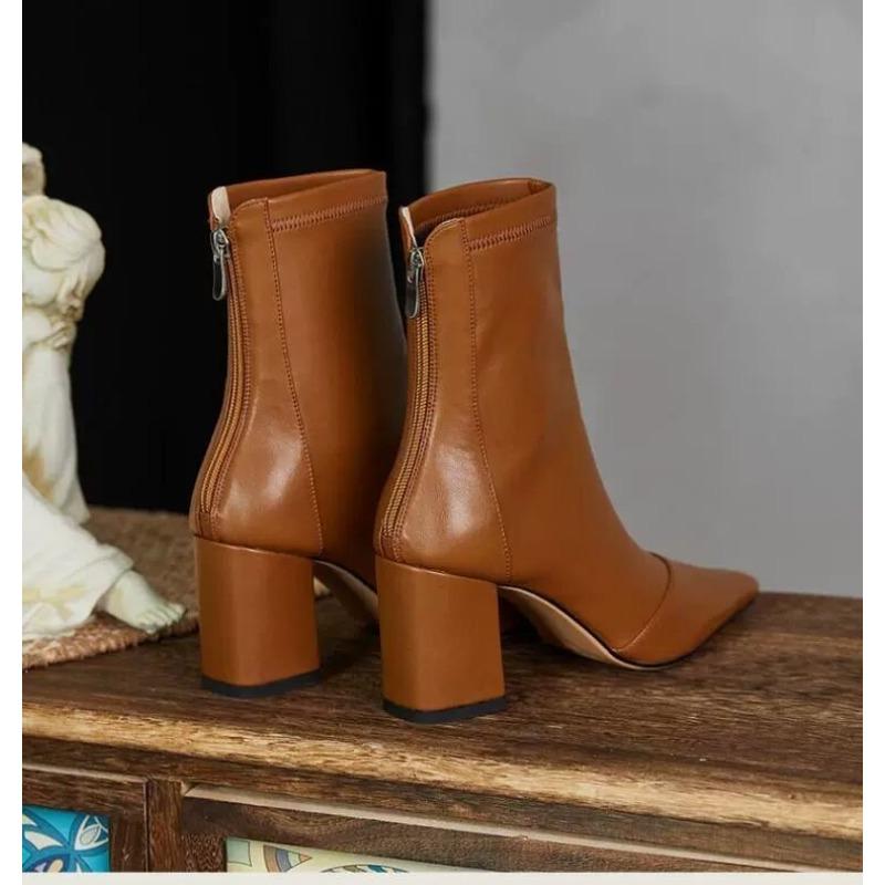 New Style Shoes for Women Ankle Boots for Women Side Zipper Stretch Middle Heel Plus Size Short Boots Fashion Pointed Shoes