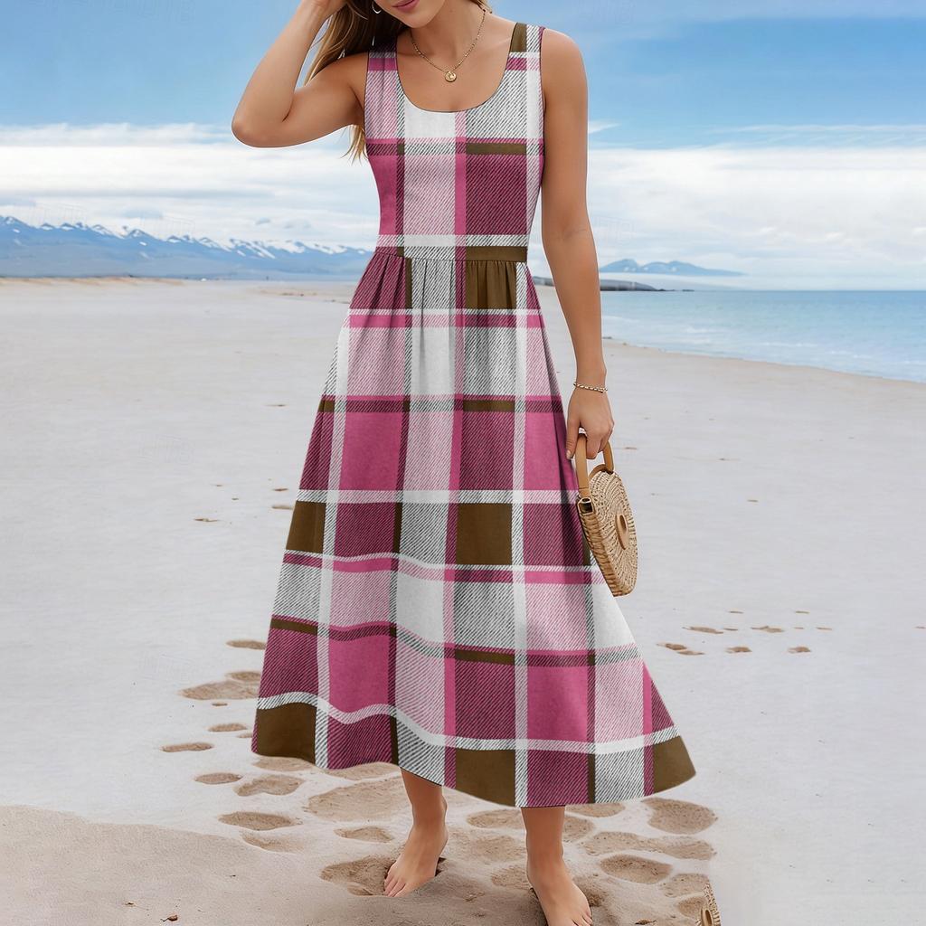 Ladies' Checkered Summer Casual and Fashionable Sleeveless Long Dress