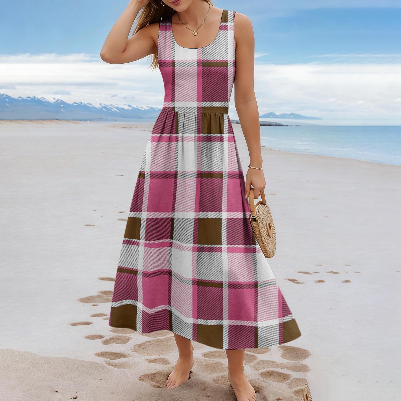 

Women Plaid Sleeveless Long Dress Casual Summer Loose Fit Round Neck Lightweight Checkered Maxi Sundress M