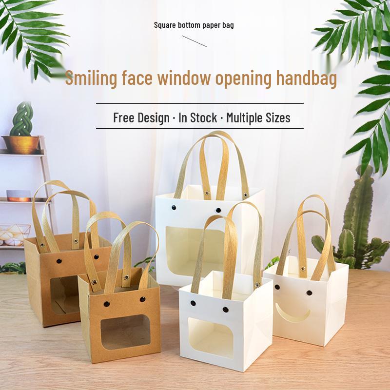 Floral Kraft Paper Tote Bag: Square Gift Bag for Teacher's Day, Available in Large and Small Sizes