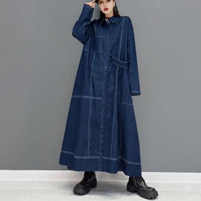Dames Lange Denim Trenchcoat Losse Pasvorm Oversized Jas Japanse Stijl Jeansjas Windbreaker